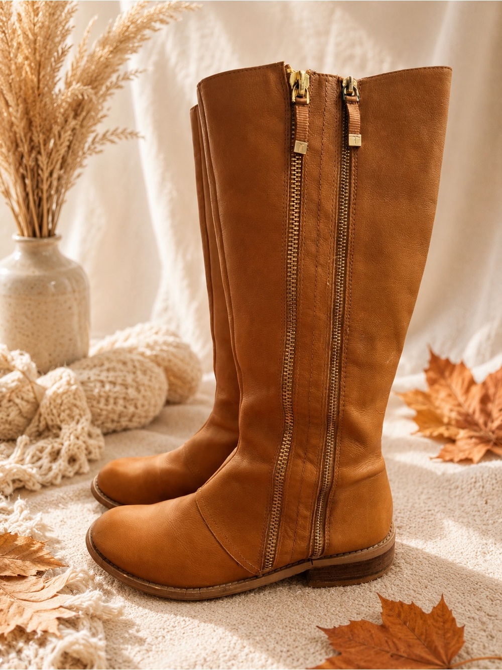 Tahari Cognac Leather Knee-High Riding Boots - Picture 2 of 6